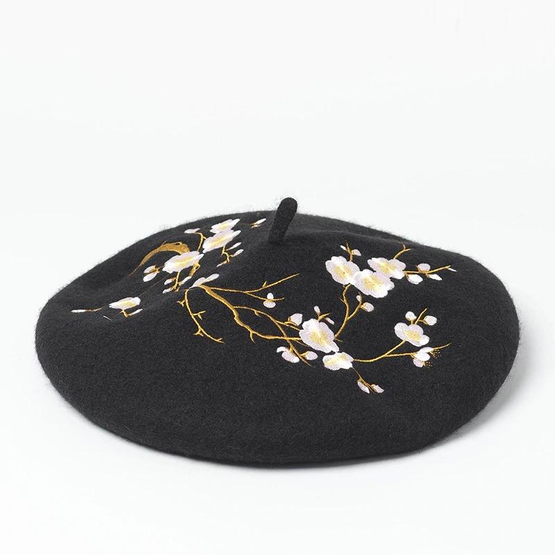 Brooches and Pins Embroidered Pink Cherry Flowers Wool Beret