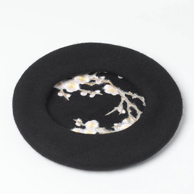 Brooches and Pins Embroidered Pink Cherry Flowers Wool Beret