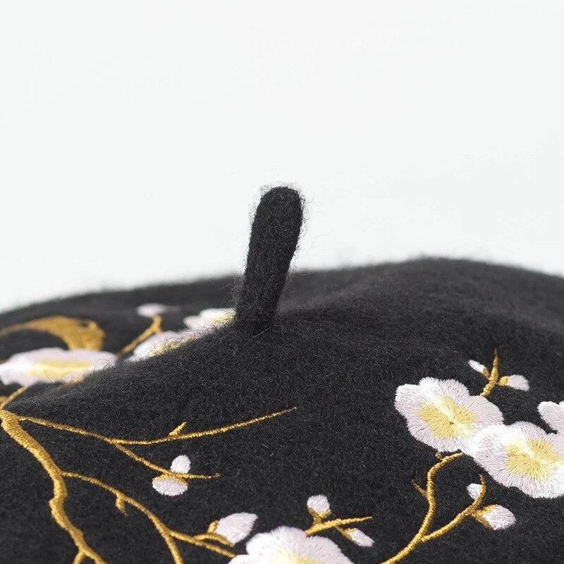 Brooches and Pins Embroidered Pink Cherry Flowers Wool Beret