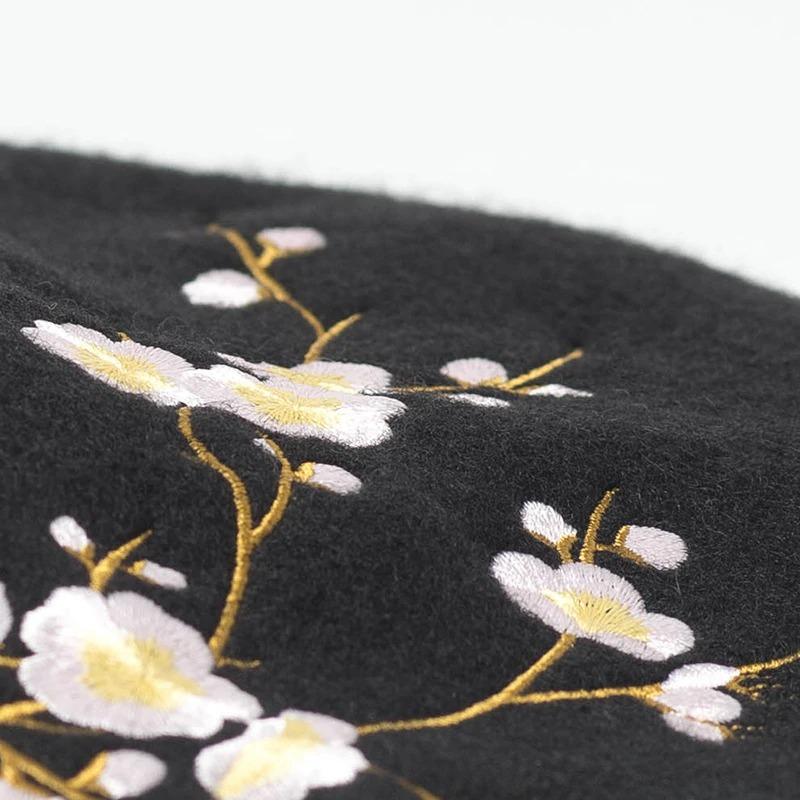 Brooches and Pins Embroidered Pink Cherry Flowers Wool Beret