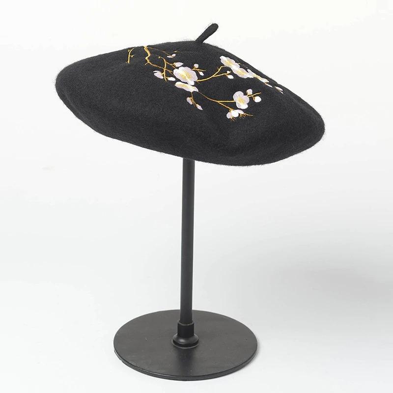 Brooches and Pins Embroidered Pink Cherry Flowers Wool Beret