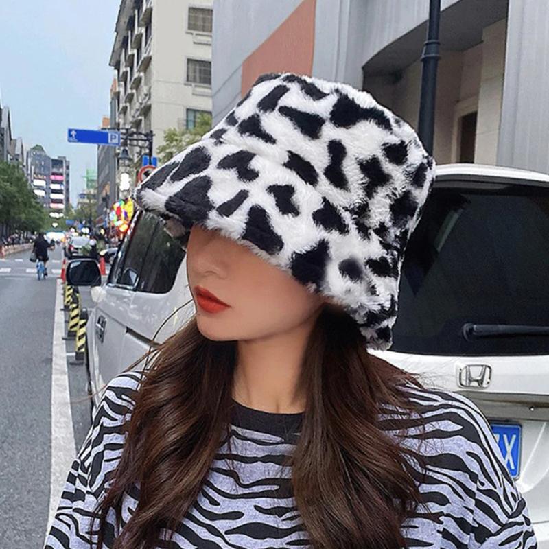 Caps and Hats Cow (Black-White) Leopard Print Winter Plush Bucket Hats