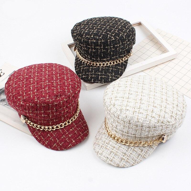 Caps and Hats Fancy Plaid Winter Hat Beret With Chain Accent