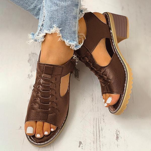 Sandals Women Peep Toe Zipper Chunky Heeled Sandals