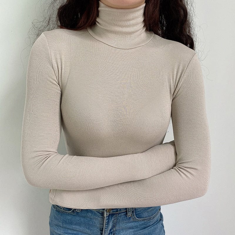 Sweat Shirt Beige Women Long Sleeve Turtle Neck Shirt