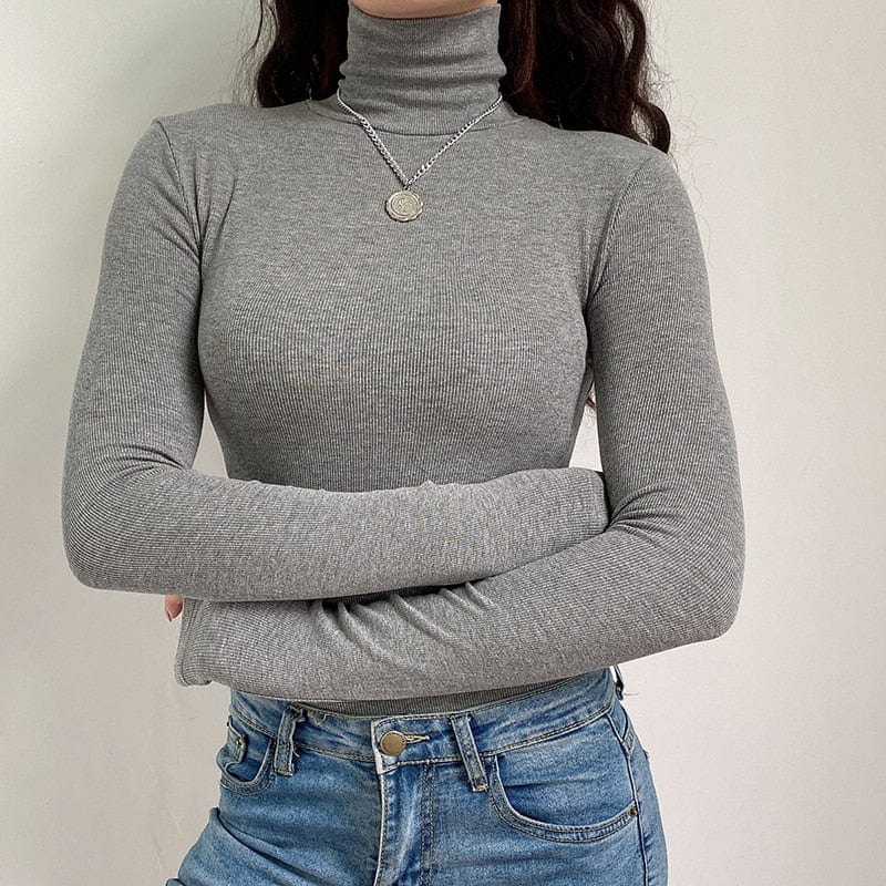 Sweat Shirt Grey Women Long Sleeve Turtle Neck Shirt