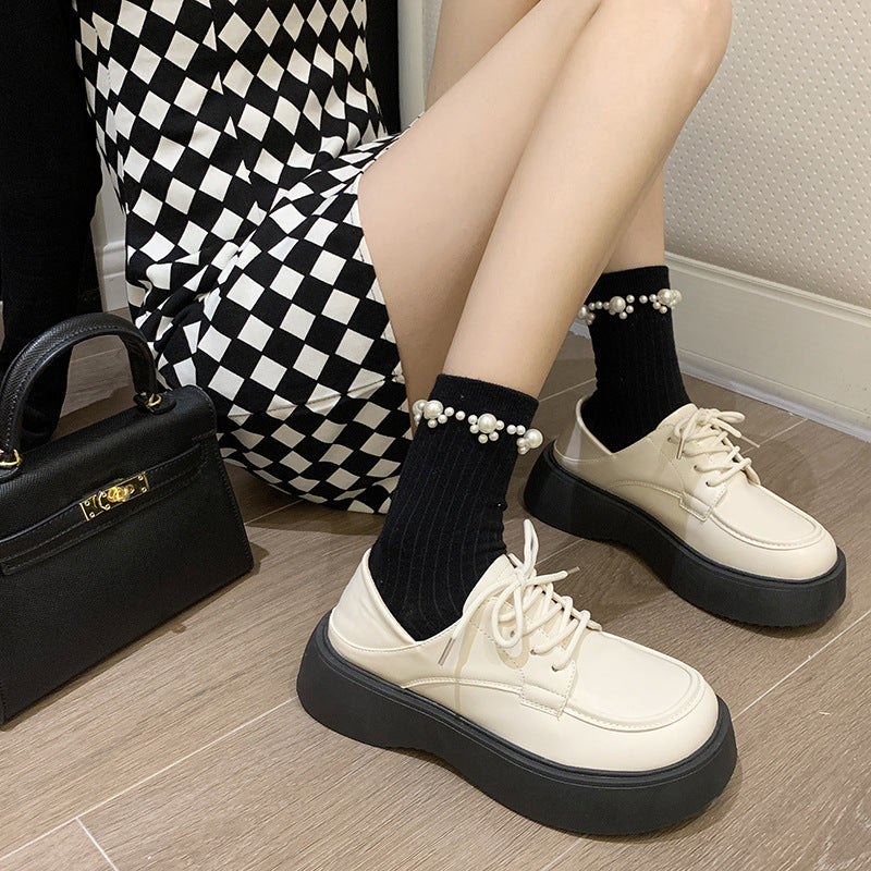 Small leather shoes female British style 2024 new spring and summer students big head retro black straps thick bottom increased jk single shoes