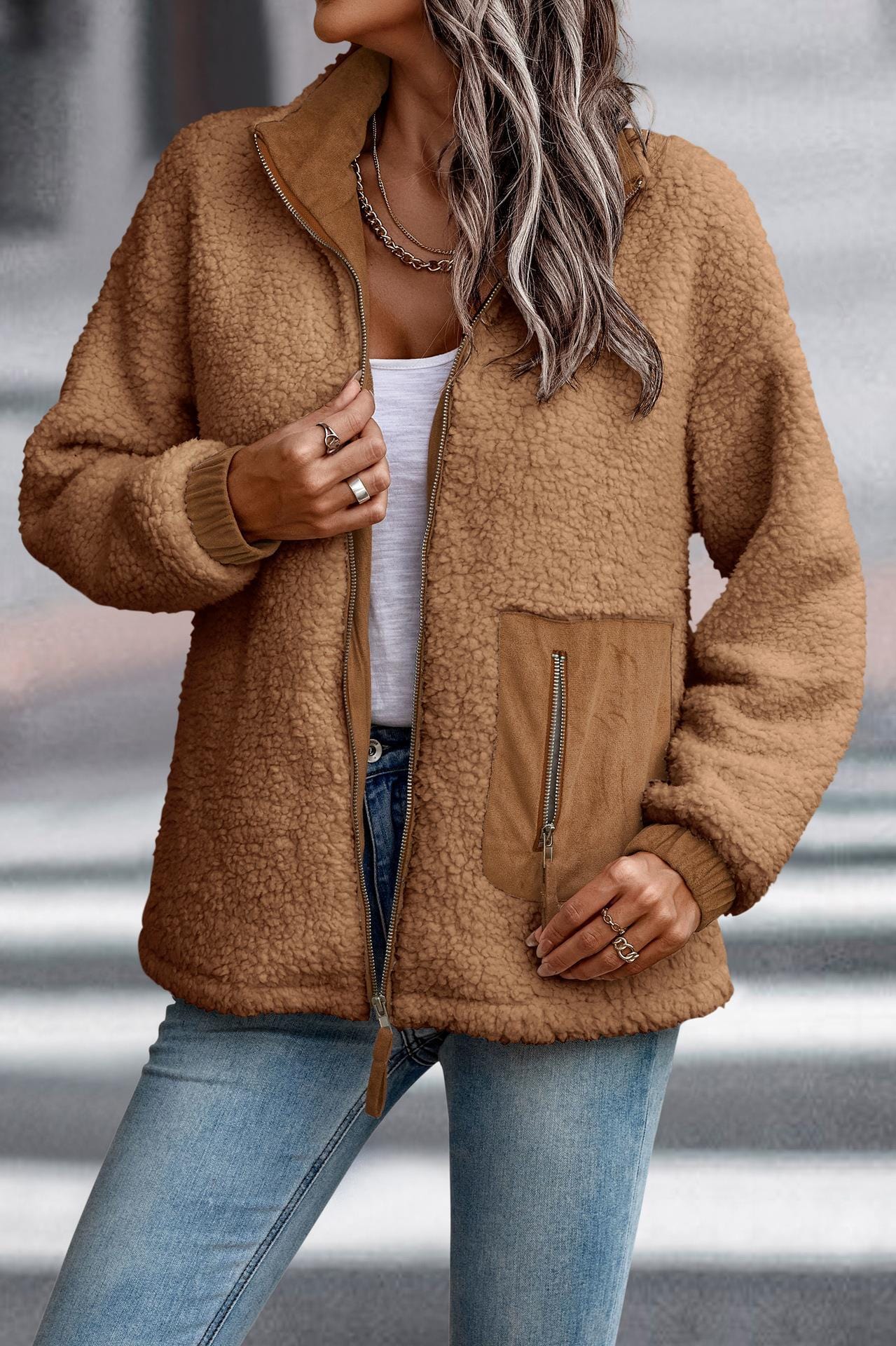 Autumn/winter long sleeve zipper pocket stitching plush women's coat