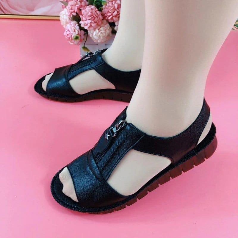 Black / 5.5 (8.86 Inch) Zipper Flat Soft Leather And Sole Comfort Sandals