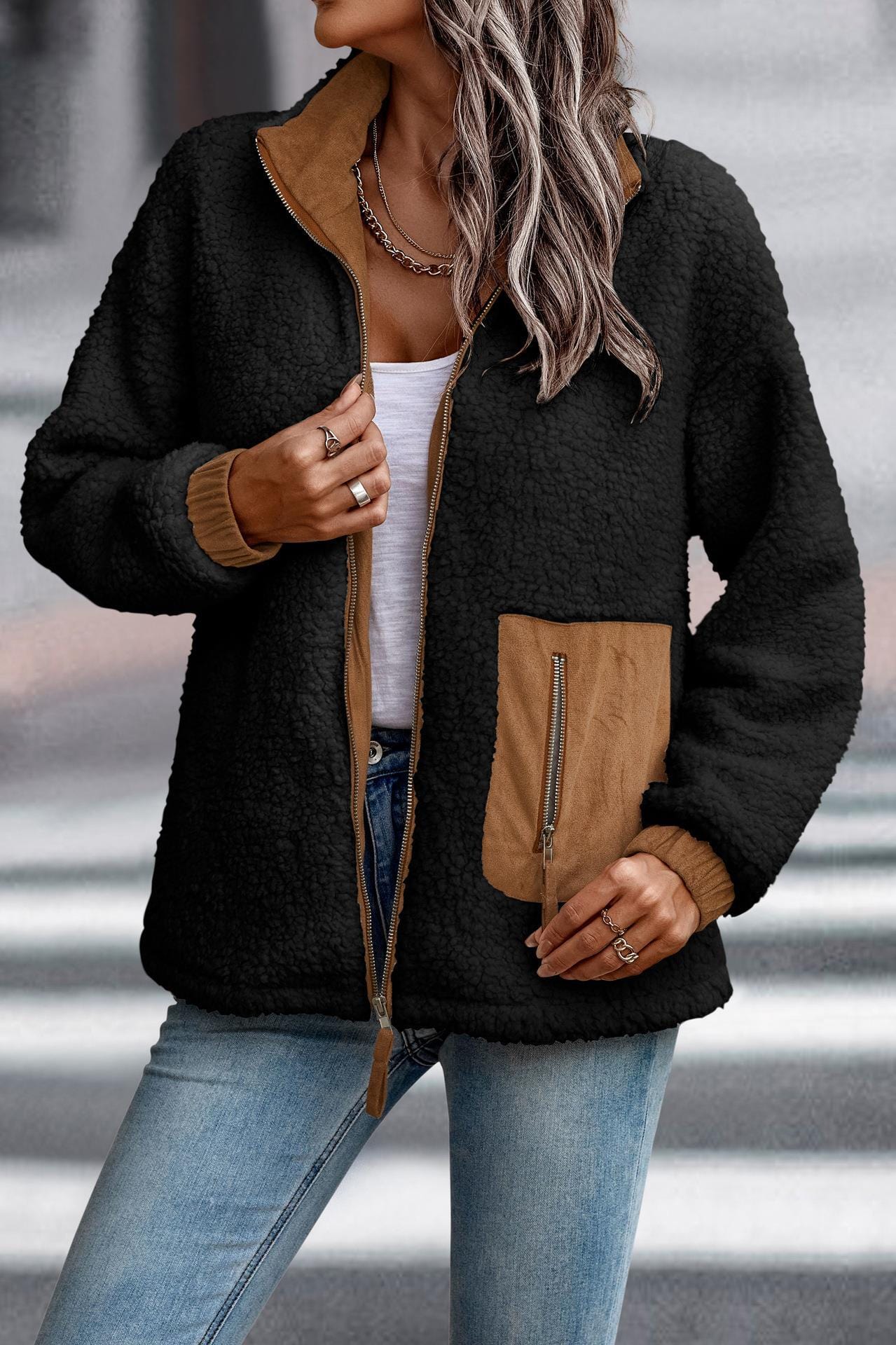 Black / XL Autumn/winter long sleeve zipper pocket stitching plush women's coat