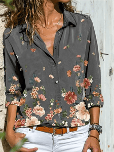 Blouses&Shirts Gray Shawl Collar Long Sleeve Printed Shirts & Tops