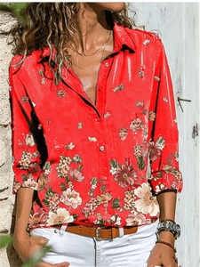 Blouses&Shirts Red / S Gray Shawl Collar Long Sleeve Printed Shirts & Tops