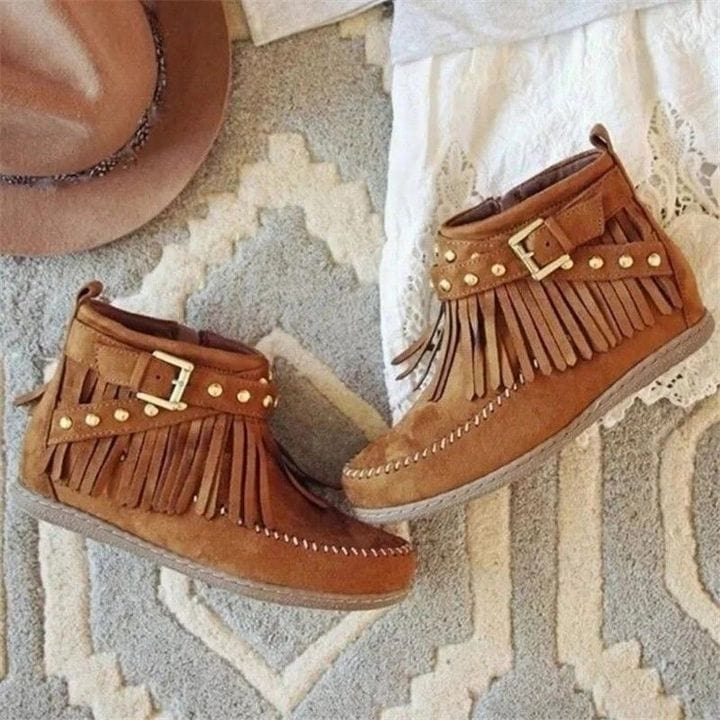 Boots 2 / Brown Women Rivets Tassel Ankle Shoes