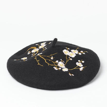 Brooches and Pins Embroidered Pink Cherry Flowers Wool Beret