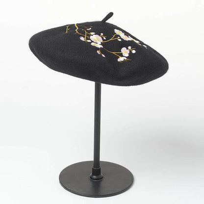 Brooches and Pins Embroidered Pink Cherry Flowers Wool Beret