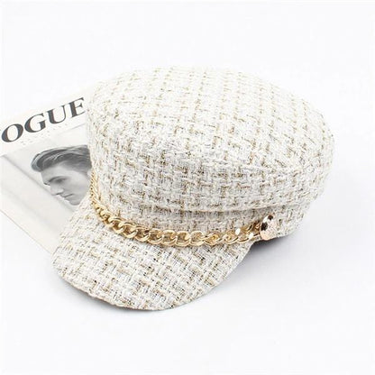 Caps and Hats White Fancy Plaid Winter Hat Beret With Chain Accent