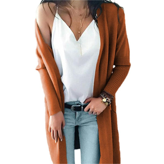 Dark Brown / XL Women Sweater Coat Solid Color Long Sleeves