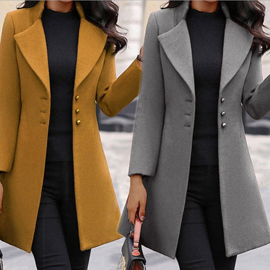 long coat Autumn winter in the long Korean version of lapel thin pure color slim women's wool overcoat overcoat