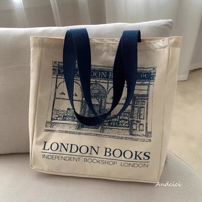 Navy Blue Women Canvas Shoulder Bag London Books Print Ladies Casual Handbag Tote Bag Reusable Large Capacity Cotton Shopping Beach Bag
