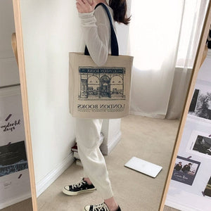 Navy Blue Women Canvas Shoulder Bag London Books Print Ladies Casual Handbag Tote Bag Reusable Large Capacity Cotton Shopping Beach Bag