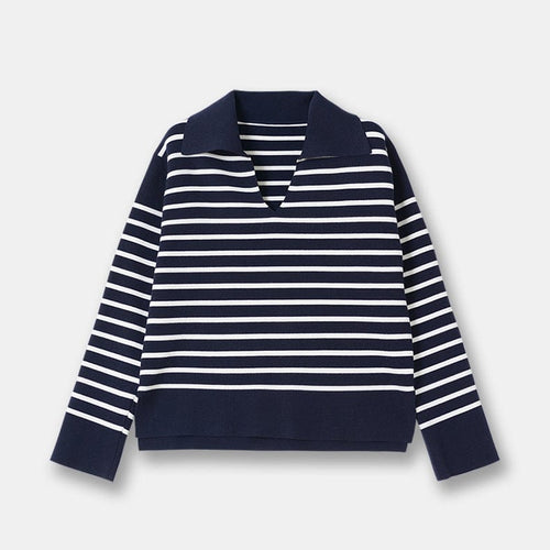 navy / L Striped V Neck Sweater