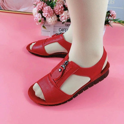 Red / 5.5 (8.86 Inch) Zipper Flat Soft Leather And Sole Comfort Sandals