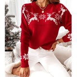 red / XL Women Sweater Long Sleeve Round Neck Elk Snowflake Print Pullover