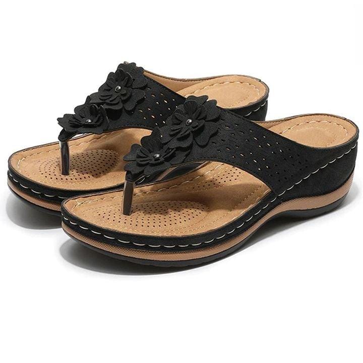 Sandals 2.5 / BLACK Elena wear Premium Orthopedic Wedge Flower Clip Toe Sandals