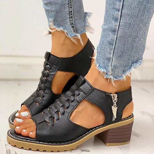 Sandals 3.5 / Black Women Peep Toe Zipper Chunky Heeled Sandals