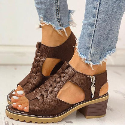 Sandals 3.5 / Brown Women Peep Toe Zipper Chunky Heeled Sandals