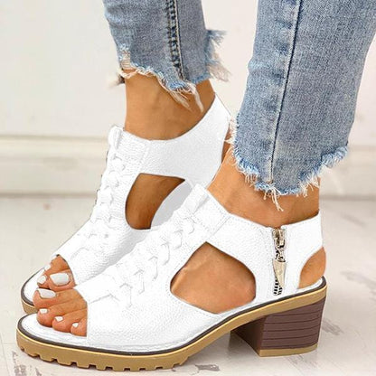 Sandals 3.5 / White Women Peep Toe Zipper Chunky Heeled Sandals