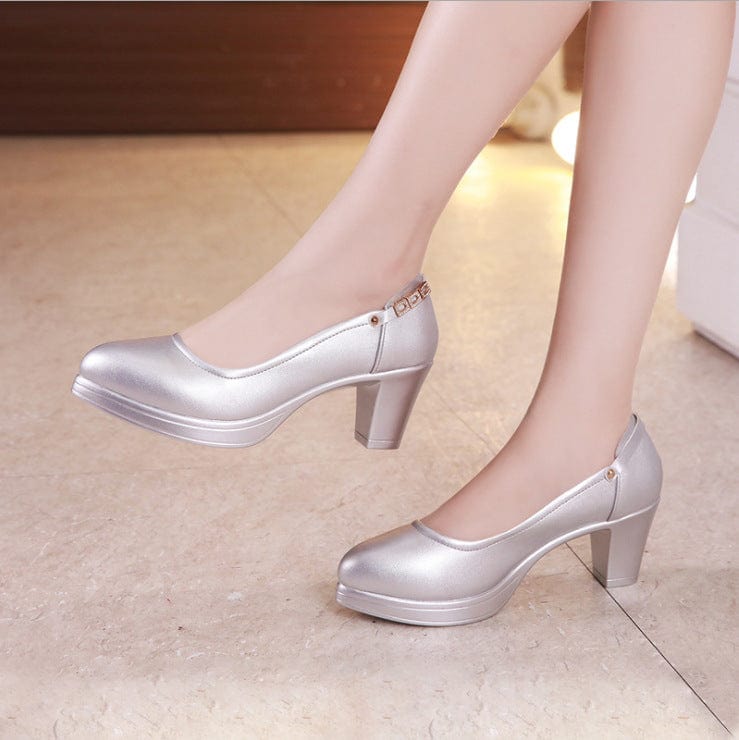Silver 5.5cm / 39 Business dress work shoes Women's foot set medium heel chunky heel Qipao model catwalk shoes Plus size 40-43 work shoes