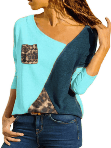 T-shirts Light Blue / S Long Sleeve Cotton Leopard Print Asymmetric T-Shirts