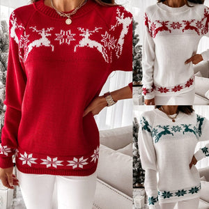 Women Sweater Long Sleeve Round Neck Elk Snowflake Print Pullover